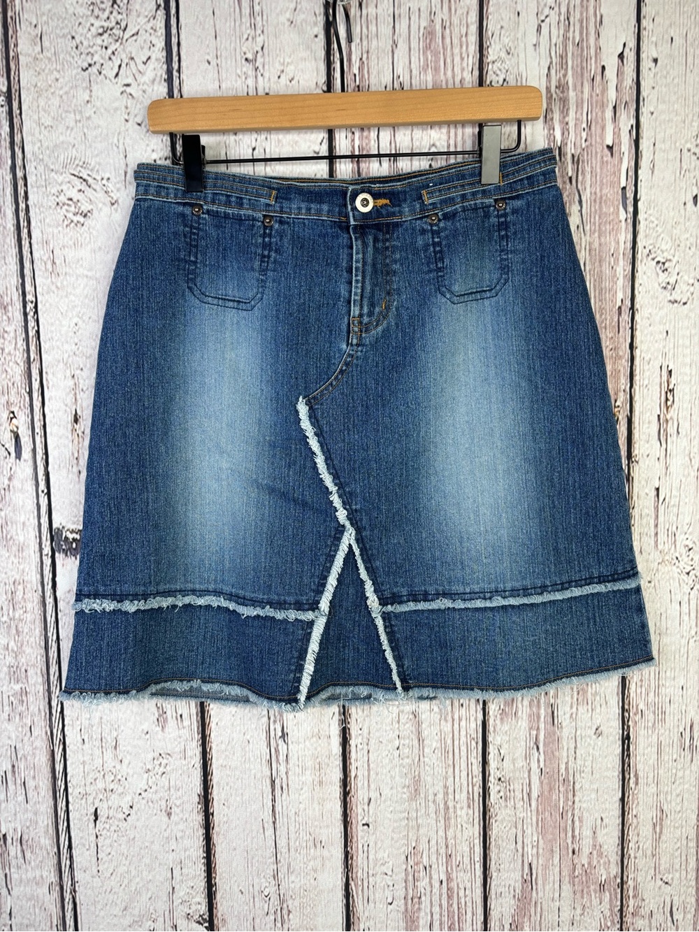 Vintage Carolina Blues Mini Stretch‎ Denim Skirt Size 10Western Cowboy Fringe